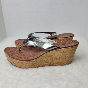 Tory Burch Thora Silver Patent Leather Cork Wedge Sandal Shoes Size 7.5